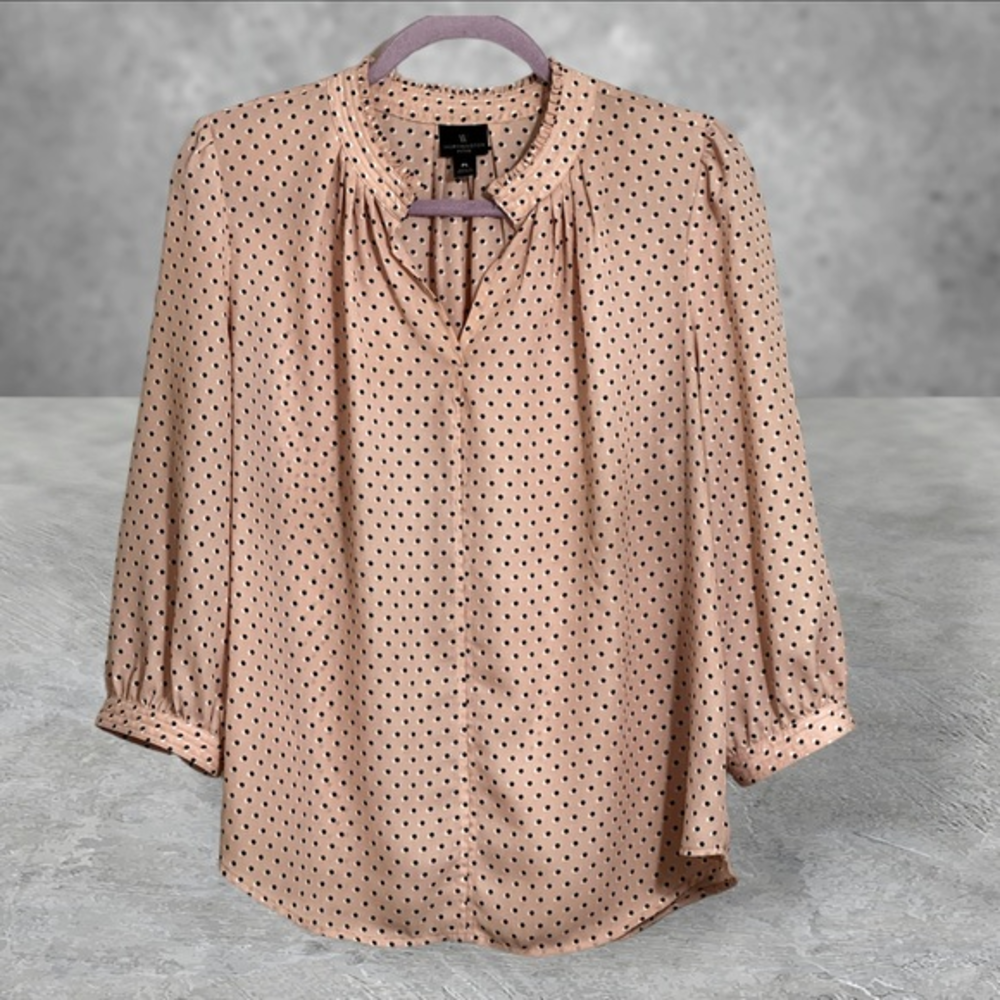 Worthington Womens Blouse 3/4 Sleeve Pleated Neckline Polka Dot Size LP‎